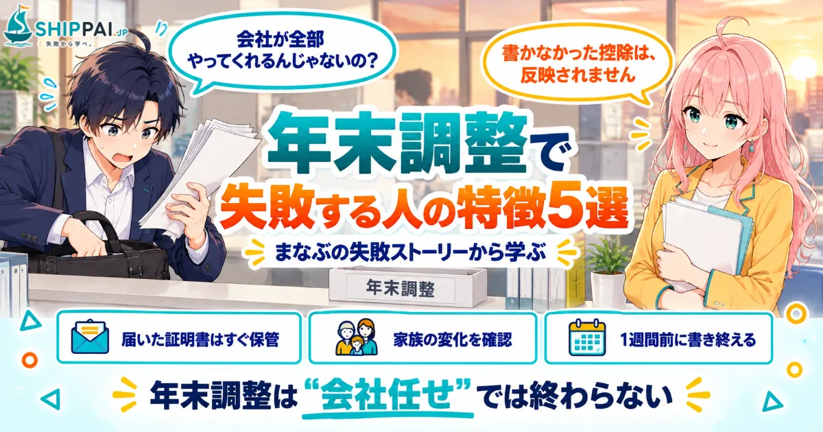 年末調整で失敗する人の特徴5選を紹介するSHIPPAI.JPの記事アイキャッチ。まなぶとみらいのイラスト付き